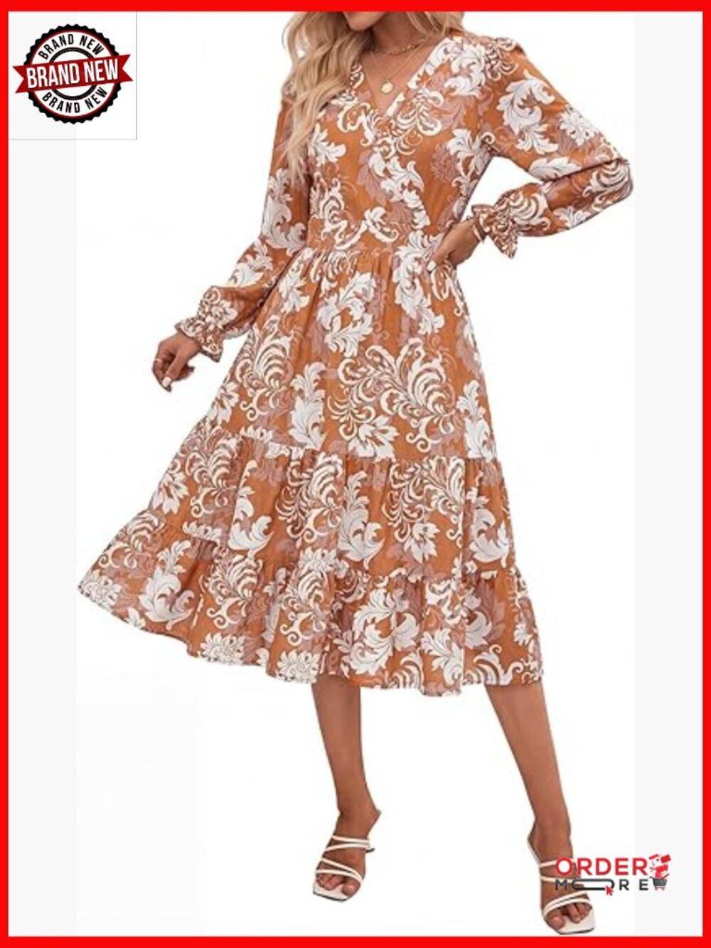Long Sleeve V Neck Flowy Midi Dress Boho Floral A-Line
